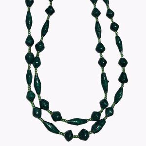 Handmade Retro Green Beaded Long Necklace Paper Beads One or Two Strand 60s Fash